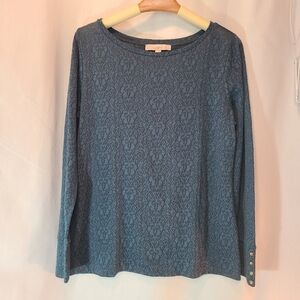LOFT Women's Long Sleeve Top Large, Blue Green, Lace Pattern Accent Cuff Cotton